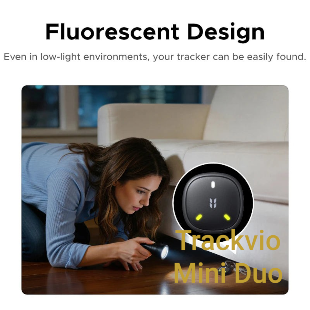 Gr8est UGREEN smart item tracker with fluorescent accents being searched for by a woman with a flashlight under a sofa