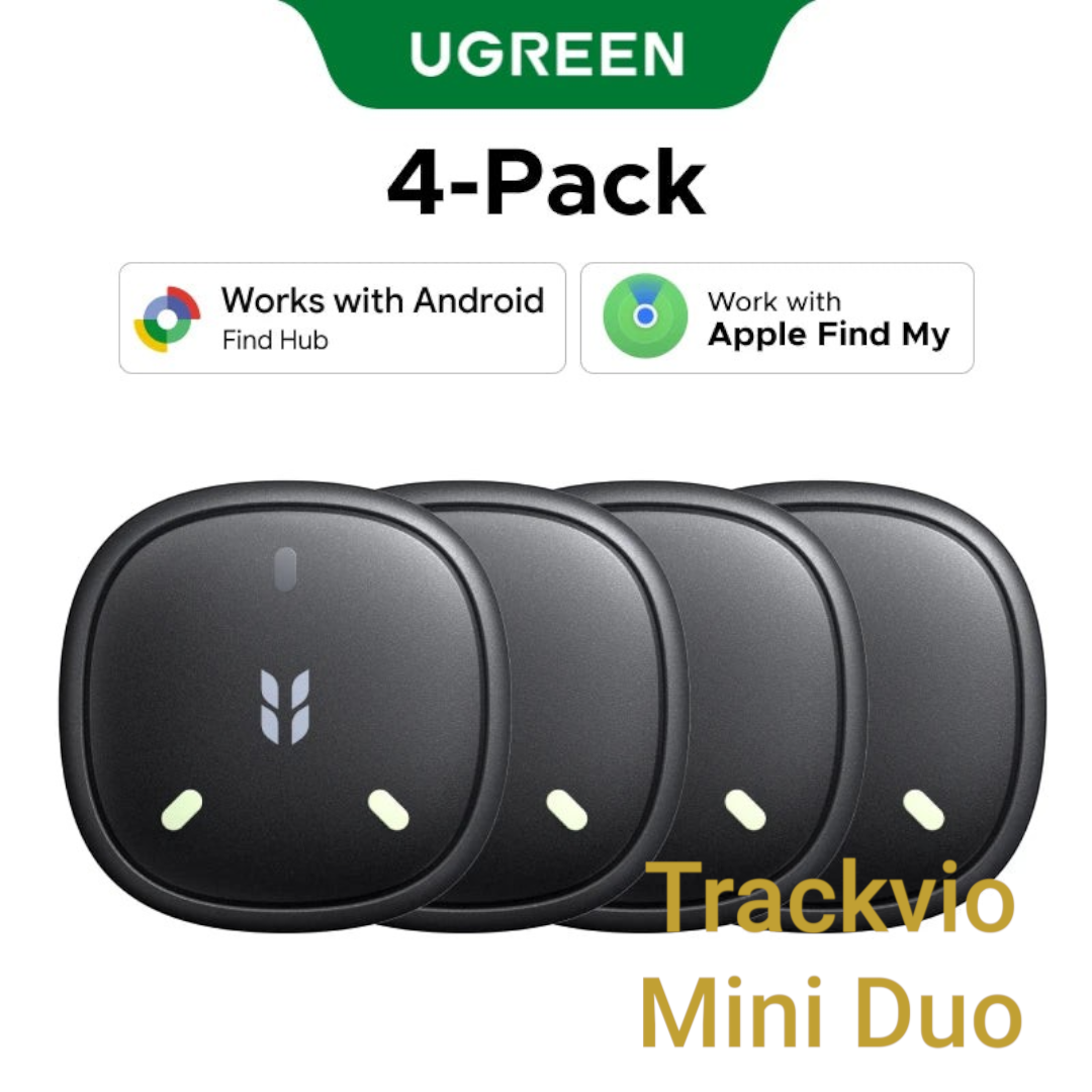 Gr8est UGREEN smart item tracker four pack with fluorescent accents, compatible with Apple Find My and Android Find Hub