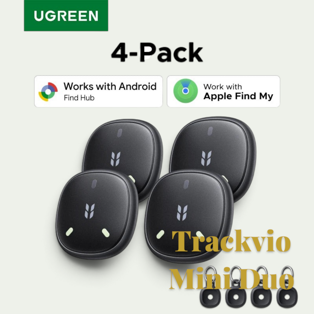 Gr8est UGREEN smart item tracker four-pack with fluorescent accents, compatible with Apple Find My and Android Find Hub.