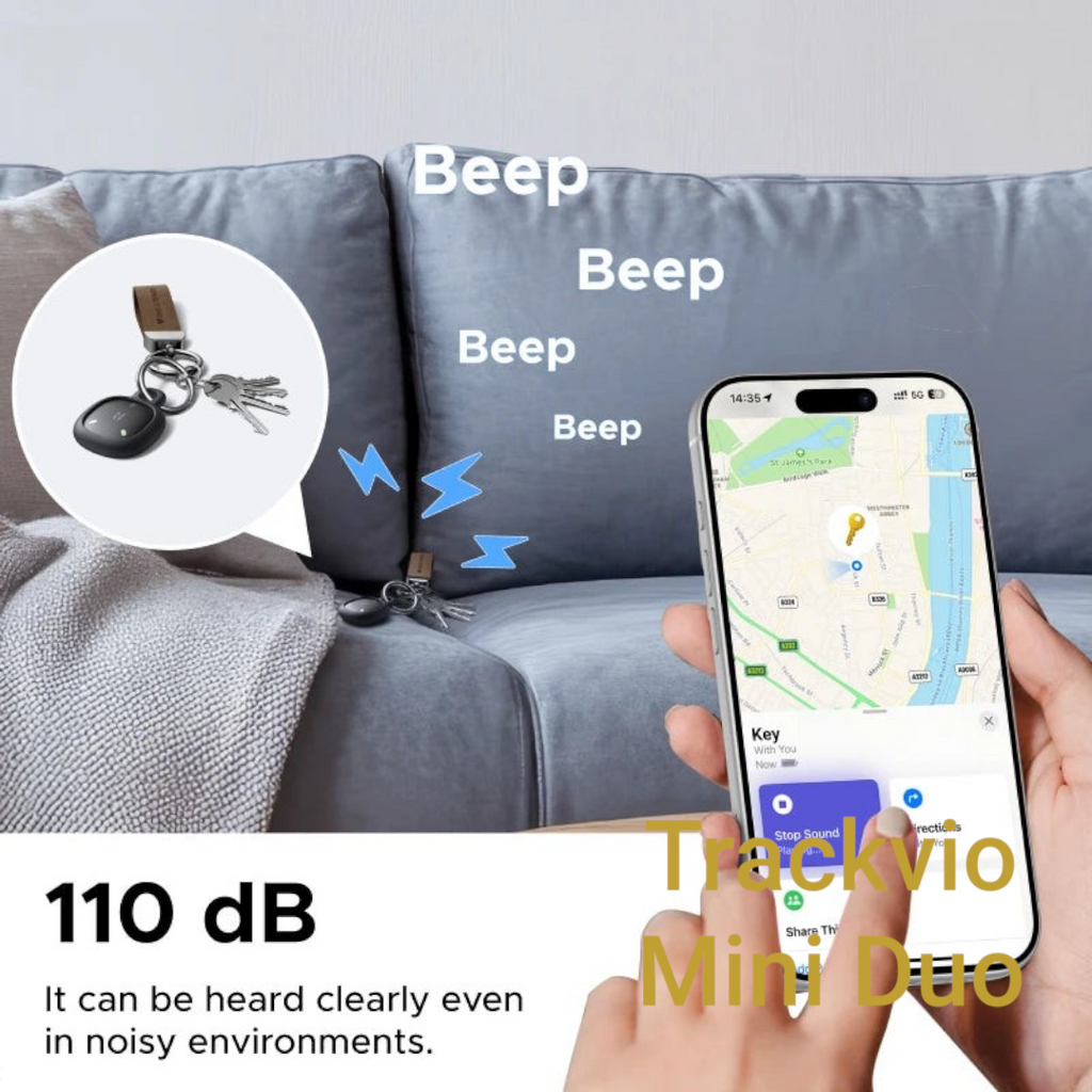 Gr8est UGREEN smart item tracker showing location on a smartphone app with a 110dB alert sound for lost keys
