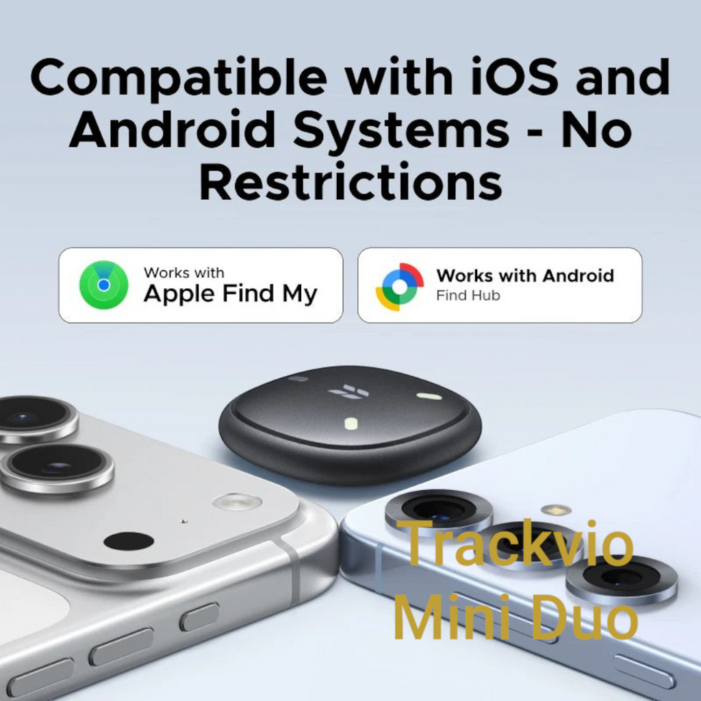 Gr8est UGREEN smart item tracker in black next to smartphones, showing Apple Find My and Android Find Hub compatibility