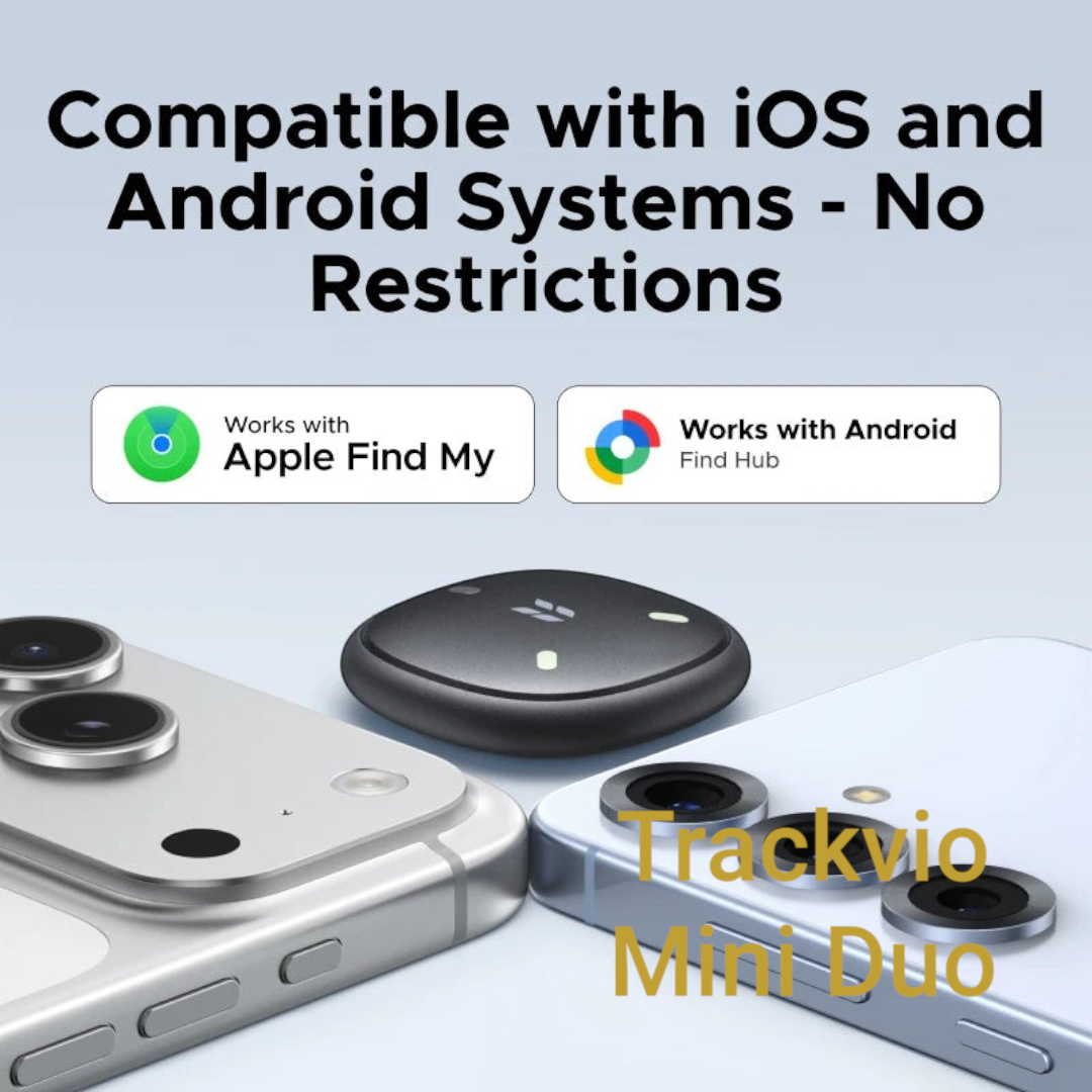Gr8est UGREEN smart item tracker in black next to smartphones, showing Apple Find My and Android Find Hub compatibility