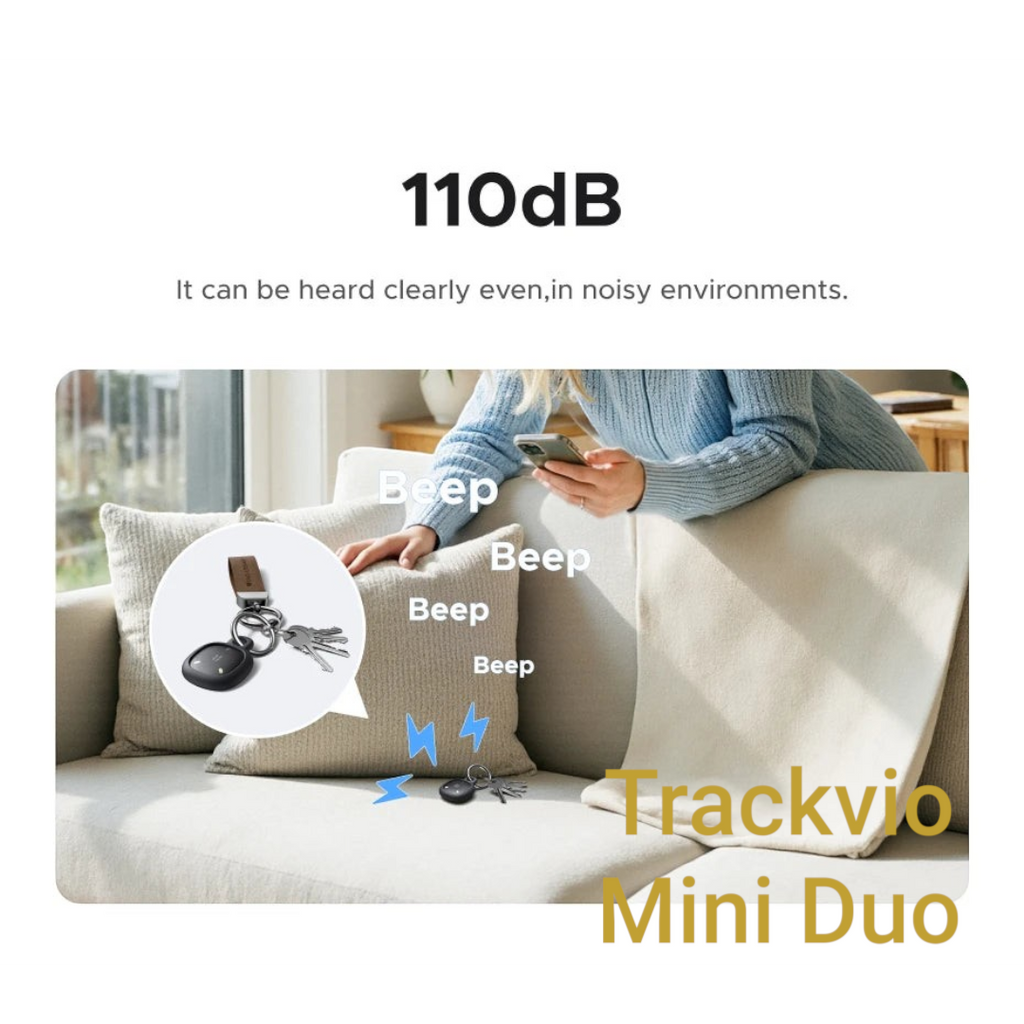 Gr8est UGREEN smart item tracker with 110dB alert sound, shown attached to keys on a sofa for easy location.
