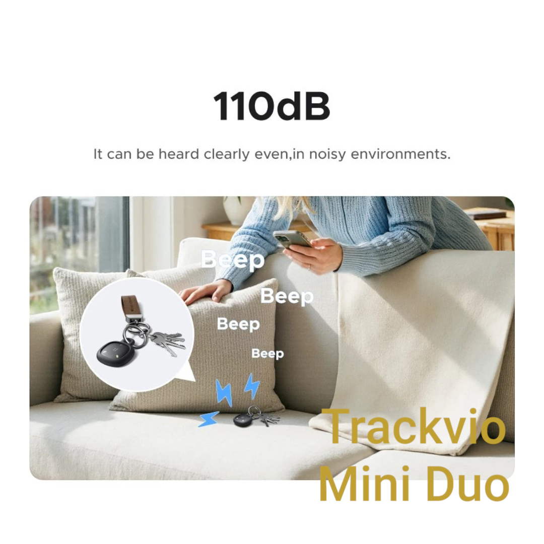 Gr8est UGREEN smart item tracker with 110dB alert sound, shown attached to keys on a sofa for easy location.