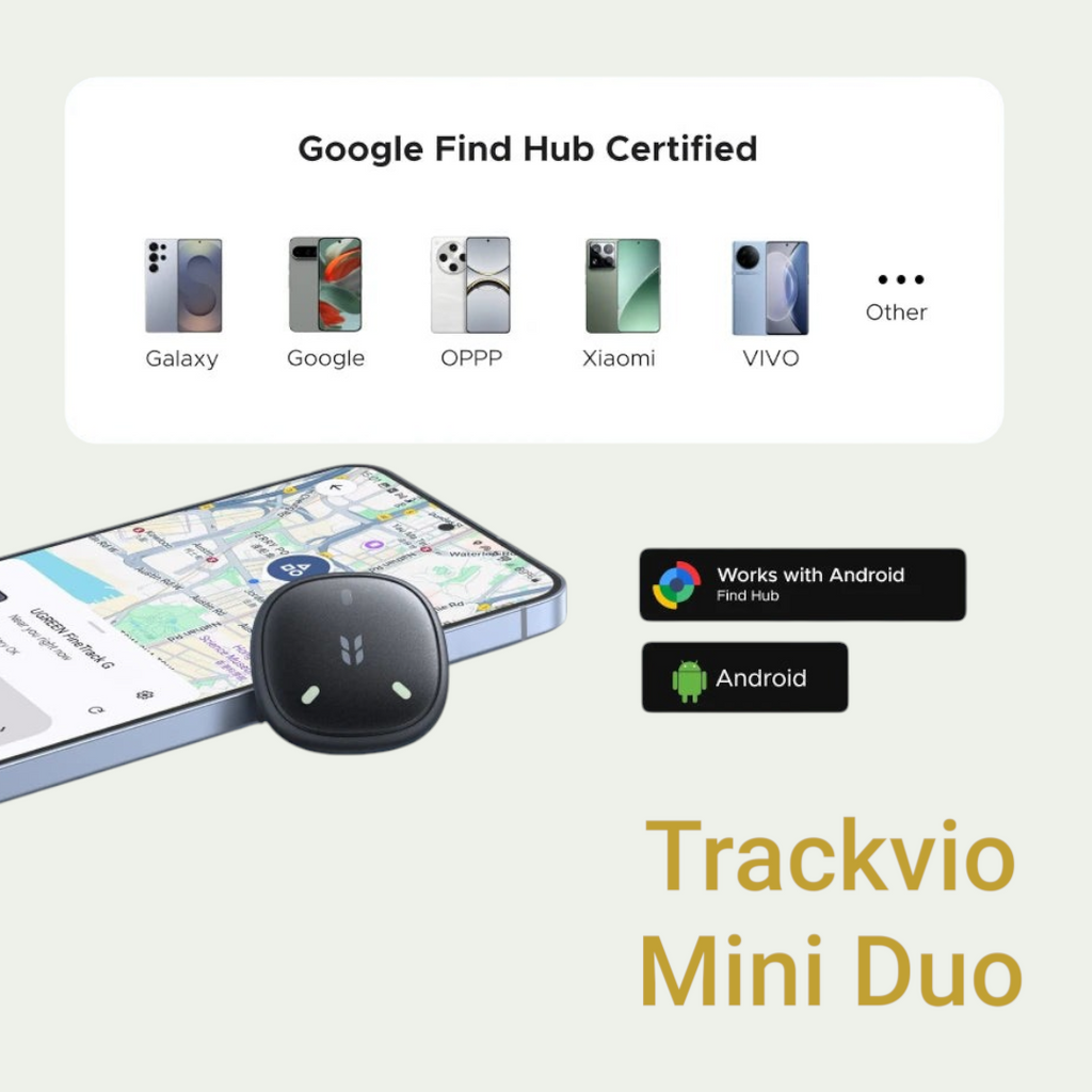 Gr8est UGREEN FineTrack Mini Duo smart item tracker showing Android Find Hub compatibility and map location tracking