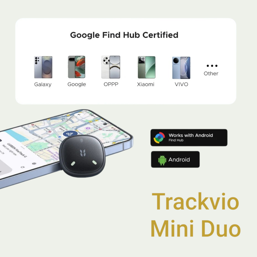 Gr8est UGREEN FineTrack Mini Duo smart item tracker showing Android Find Hub compatibility and map location tracking