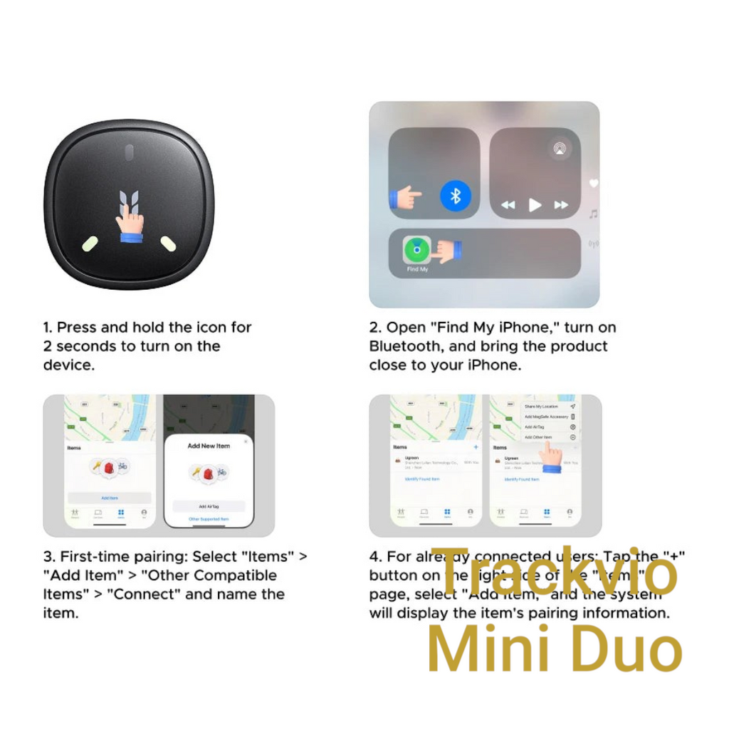 Gr8est UGREEN smart item tracker setup guide showing four steps for pairing with Apple Find My on an iPhone