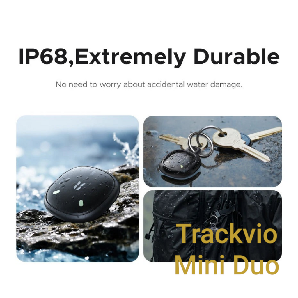 Gr8est UGREEN smart item tracker on wet rock and attached to keys, showing waterproof design and fluorescent accents.