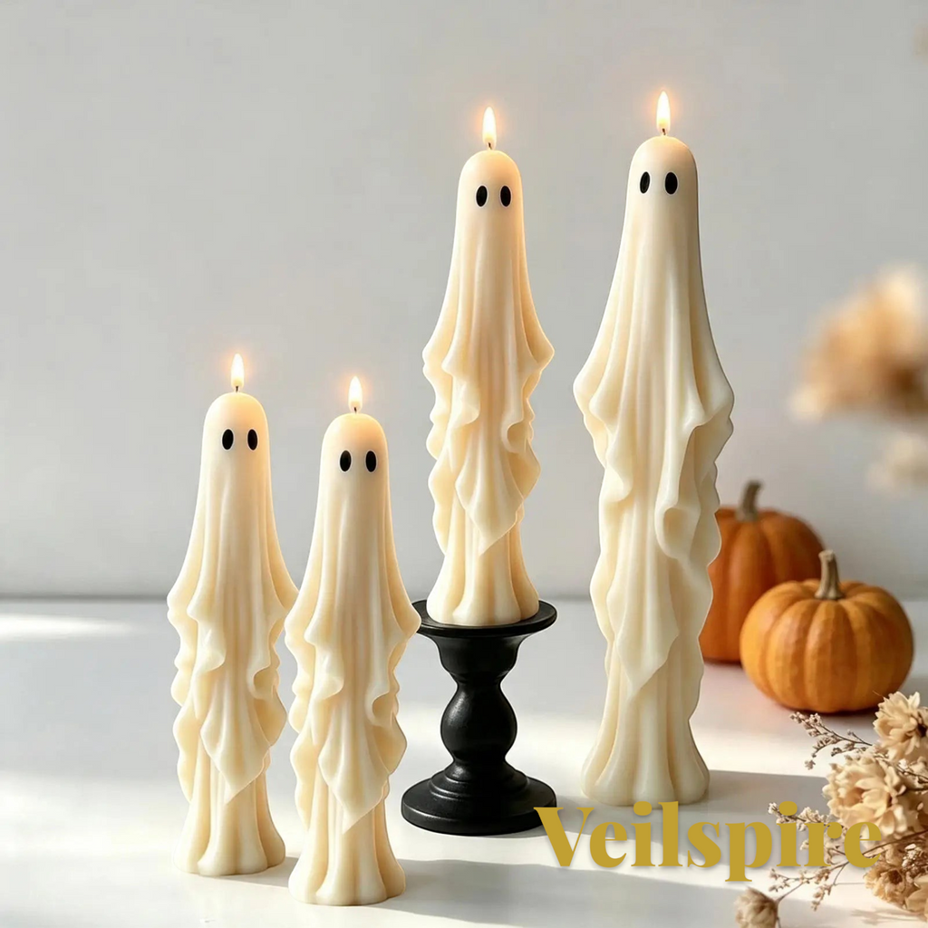 Gr8est Veilspire 3D ghost candles in various sizes with draped fabric details displayed for Halloween decor