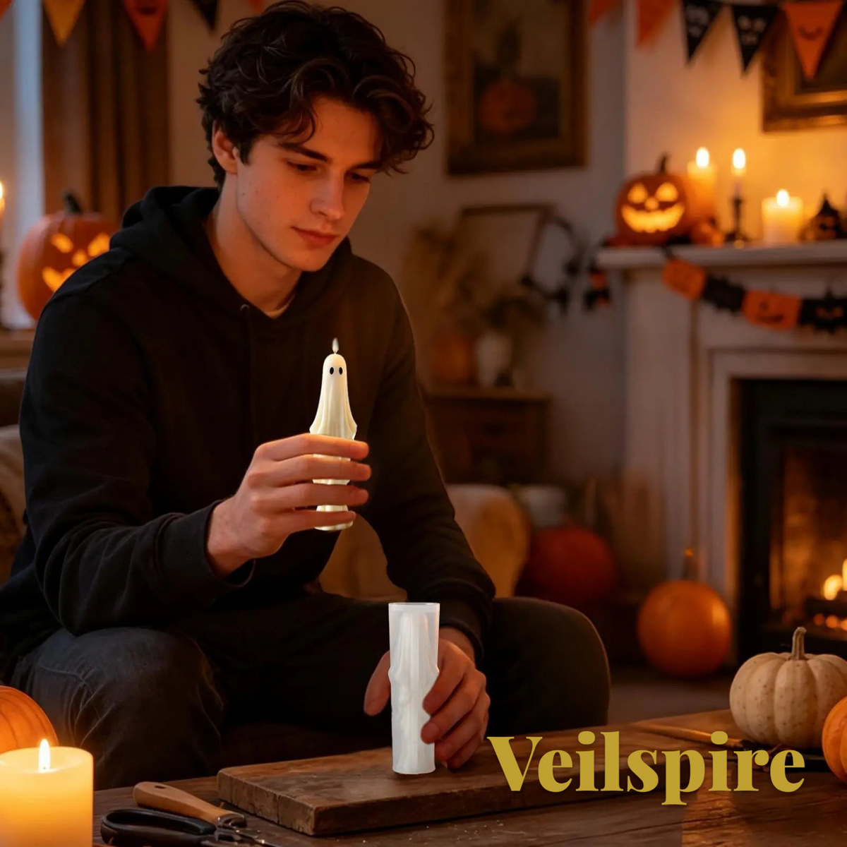 Gr8est Veilspire 3D ghost candle mold held by a young man in a cozy, candlelit Halloween-themed room.