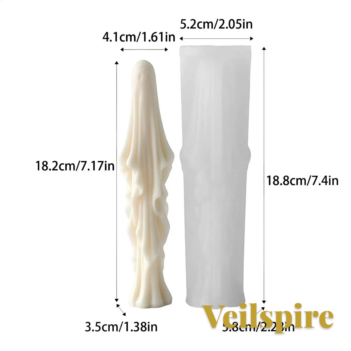 Gr8est Veilspire 3D ghost silicone candle mold with dimensions shown for the tall draped figure and mold casing.