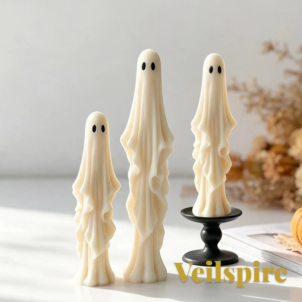 Gr8est Veilspire 3D ghost candles in two sizes standing on a table for Halloween decor