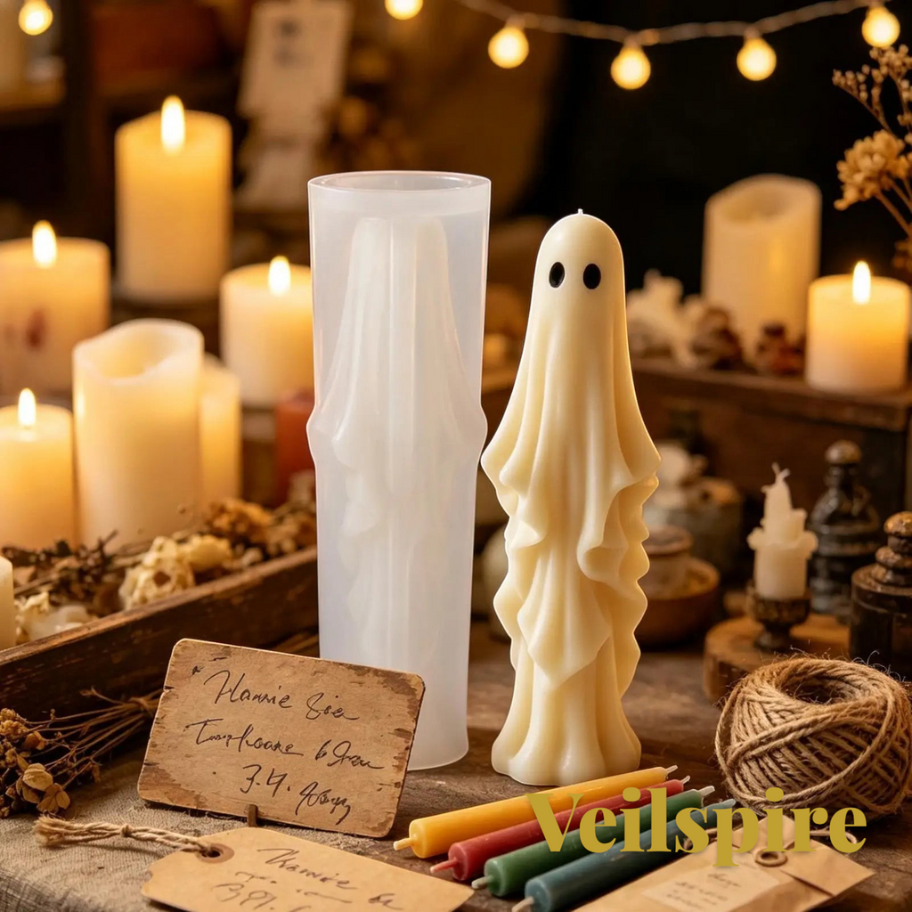 Gr8est Veilspire 3D silicone ghost candle mold next to a finished cream-colored ghost candle on a rustic table.