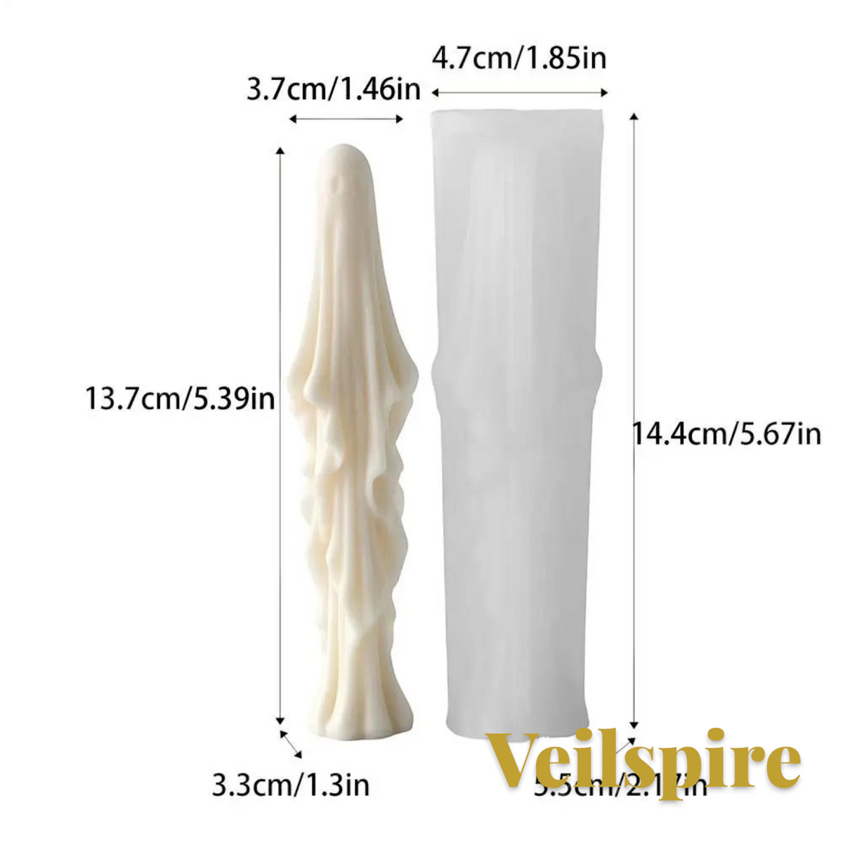 Gr8est Veilspire 3D silicone ghost candle mold with dimensions shown for the mold and finished figure