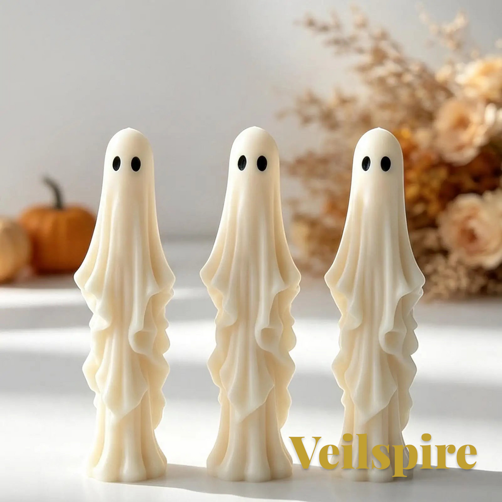 Gr8est Veilspire 3D ghost candles with draped fabric texture standing on a white surface for Halloween decor