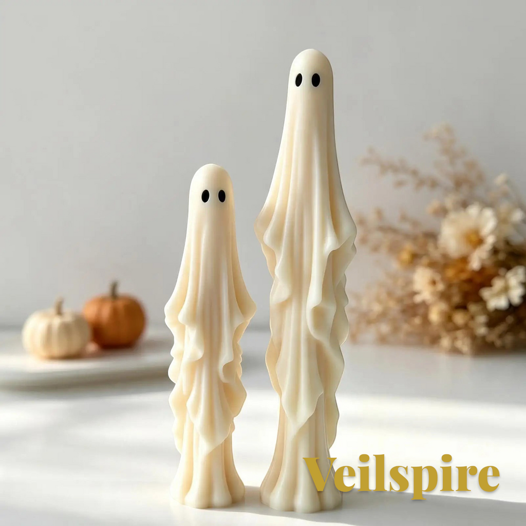 Gr8est Veilspire 3D ghost candles in small and large sizes with draped fabric details for Halloween decor