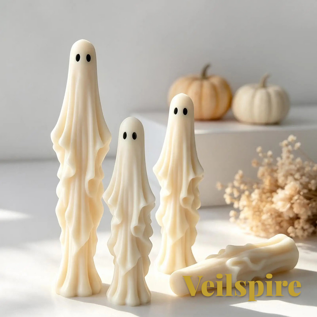 Gr8est Veilspire 3D ghost silicone candle molds used to create tall draped white wax figures for Halloween decor
