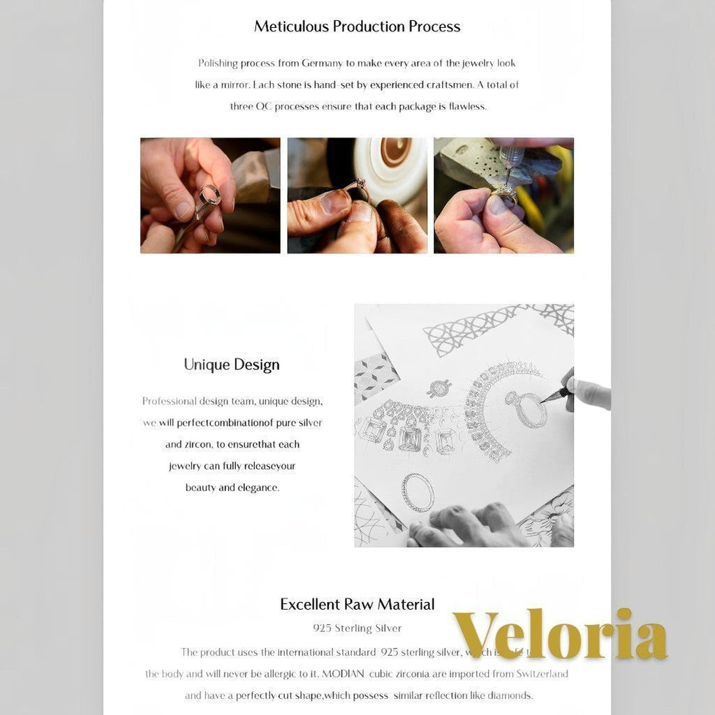 Gr8est Veloria jewelry production process showing hand-set moissanite stones and detailed design sketches