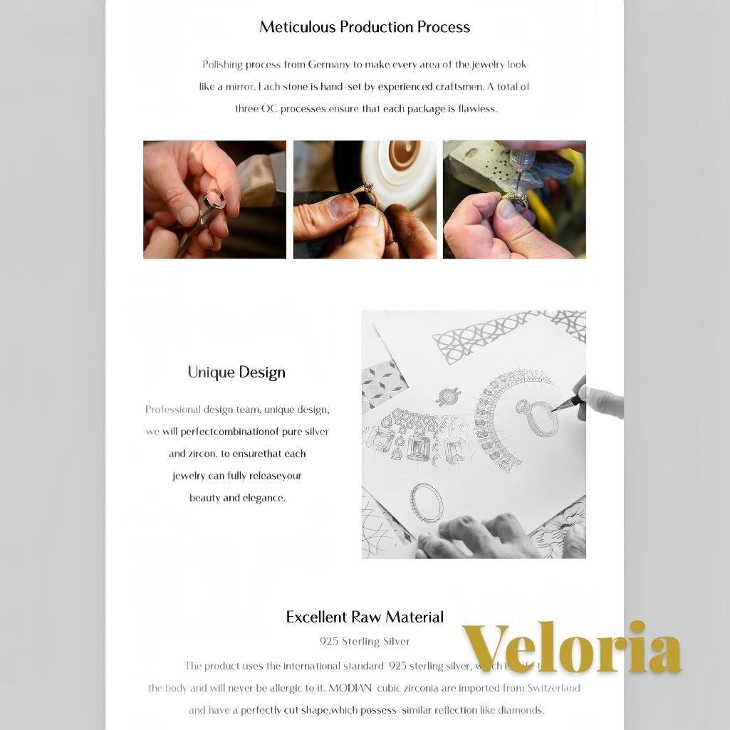 Gr8est Veloria jewelry production process showing hand-set moissanite stones and detailed design sketches