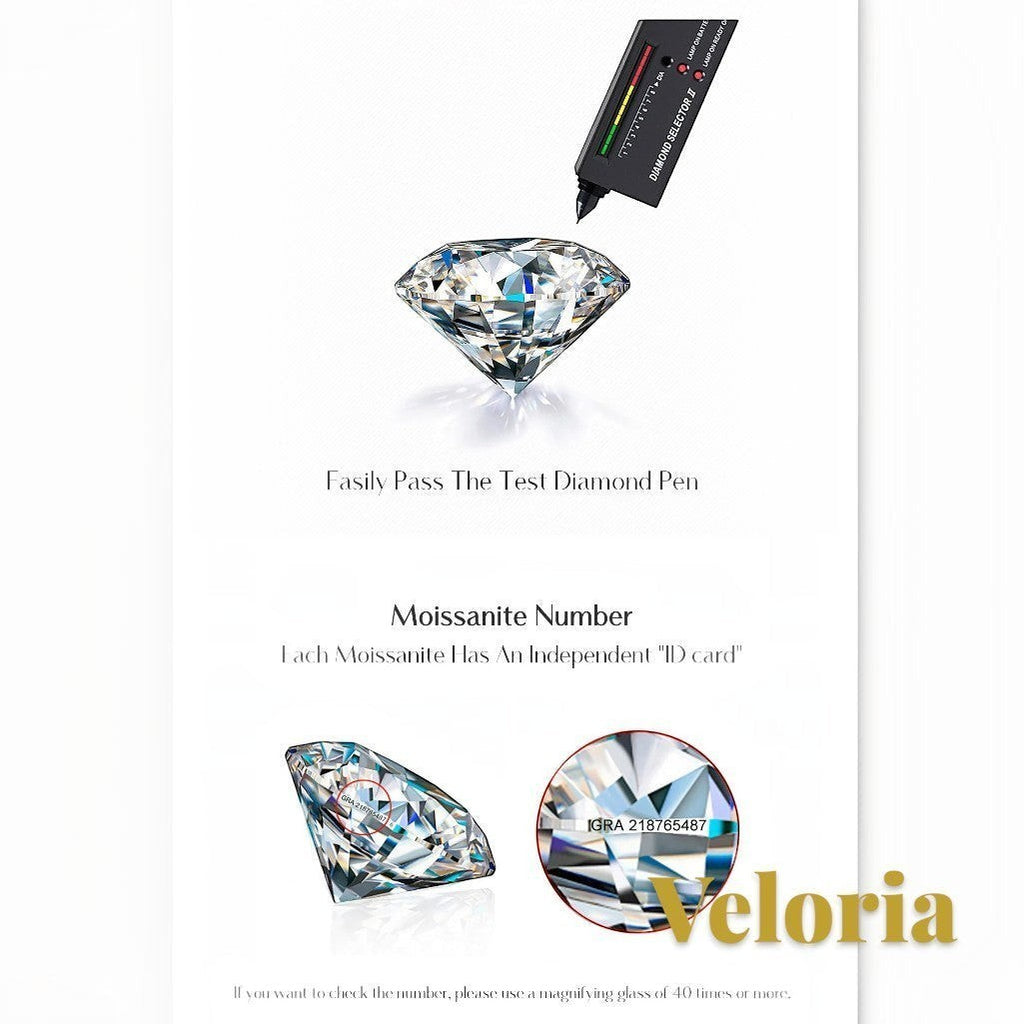Gr8est Veloria moissanite gemstone being tested with a diamond selector pen and showing laser-inscribed ID number