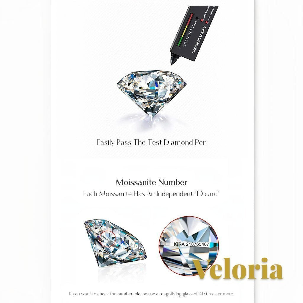 Gr8est Veloria moissanite gemstone being tested with a diamond selector pen and showing laser-inscribed ID number