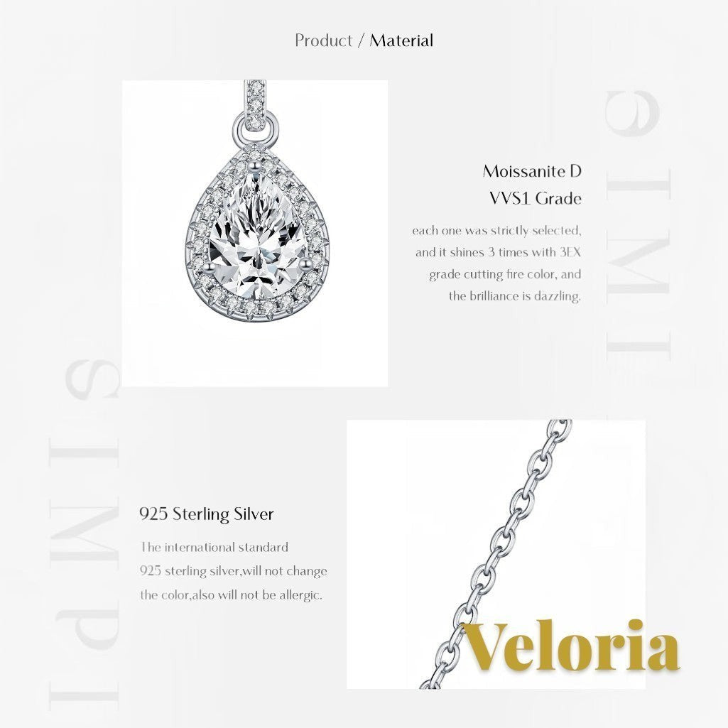 Gr8est Veloria water drop moissanite pendant necklace in 925 sterling silver with VVS1 D-color stone and link chain