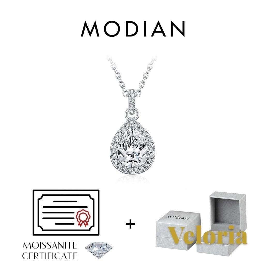 Gr8est Veloria 1.2CT pear-cut moissanite pendant necklace in 925 sterling silver with CMA certificate and gift box.
