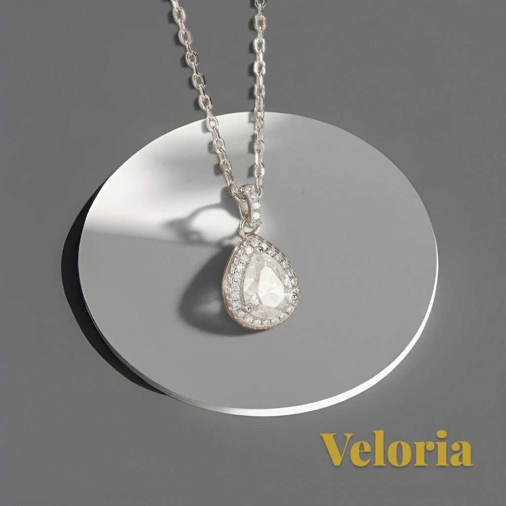Gr8est Veloria 1.2CT water drop moissanite pendant necklace in 925 sterling silver with a delicate link chain.