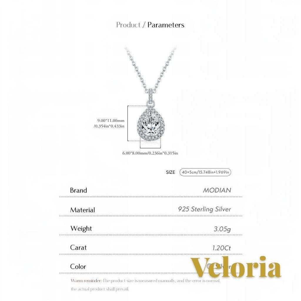 Gr8est Veloria 1.2CT water drop moissanite pendant necklace in 925 sterling silver with detailed size specifications.