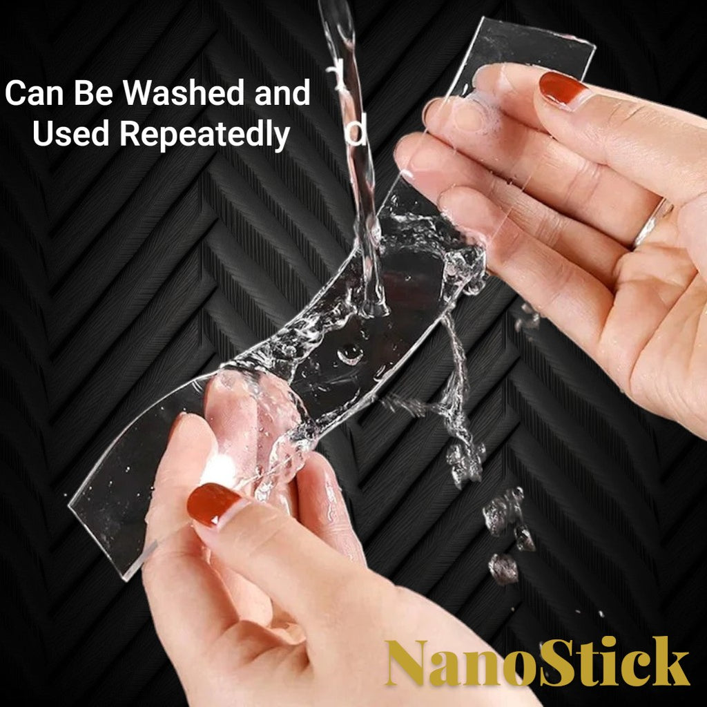 Gr8est clear nano double-sided tape being rinsed under water to demonstrate its washable and reusable properties.