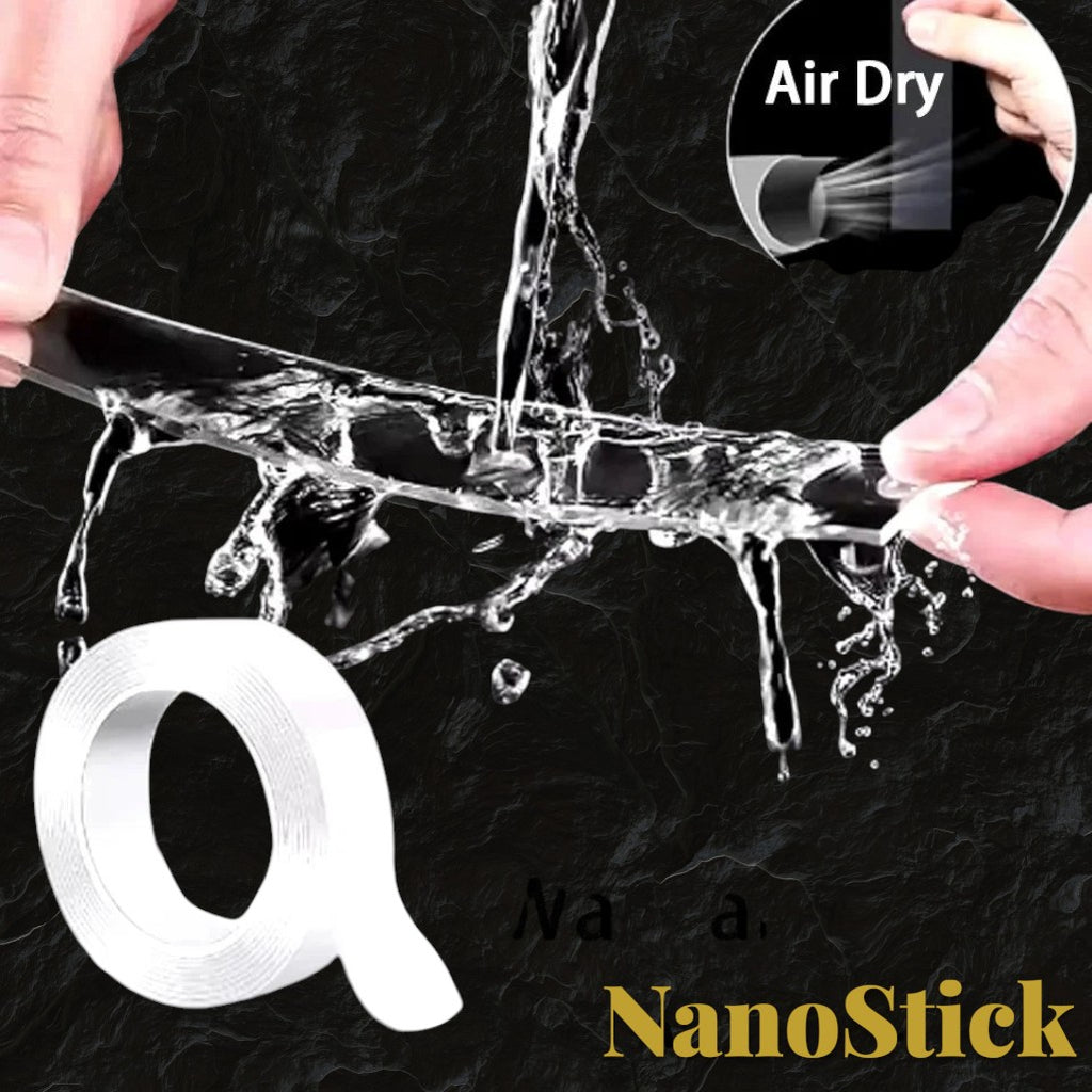 Gr8est heavy-duty nano double-sided tape being rinsed under water to demonstrate its washable and reusable properties.