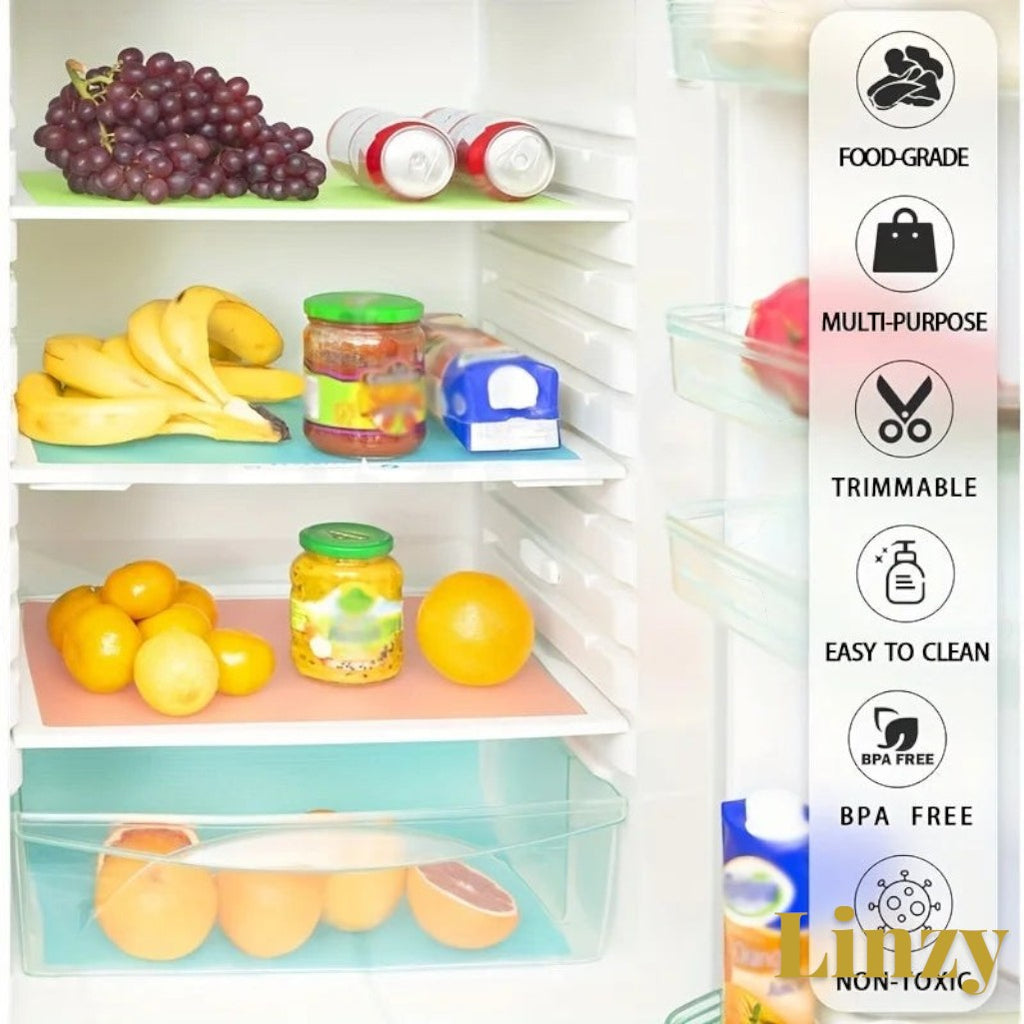 Gr8est 4-piece waterproof EVA fridge liner mats in assorted pastel colours protecting refrigerator shelves.