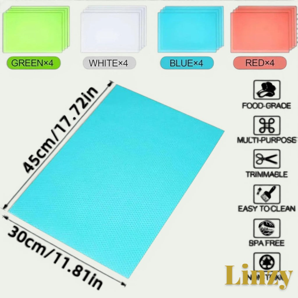 Gr8est 4-piece set of waterproof EVA fridge and cabinet liner mats in green, white, blue, and red with dimensions.