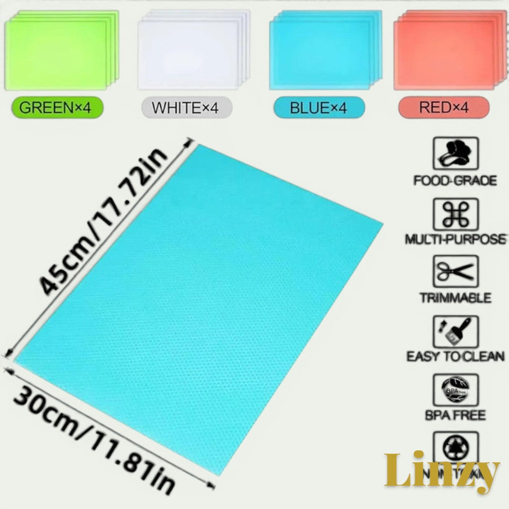 Gr8est 4-piece set of waterproof EVA fridge and cabinet liner mats in green, white, blue, and red with dimensions.