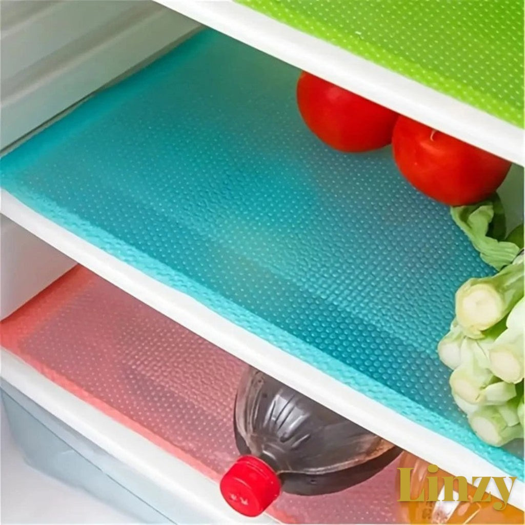 Gr8est 4-piece set of colourful waterproof EVA fridge liner mats with a textured surface for kitchen organization