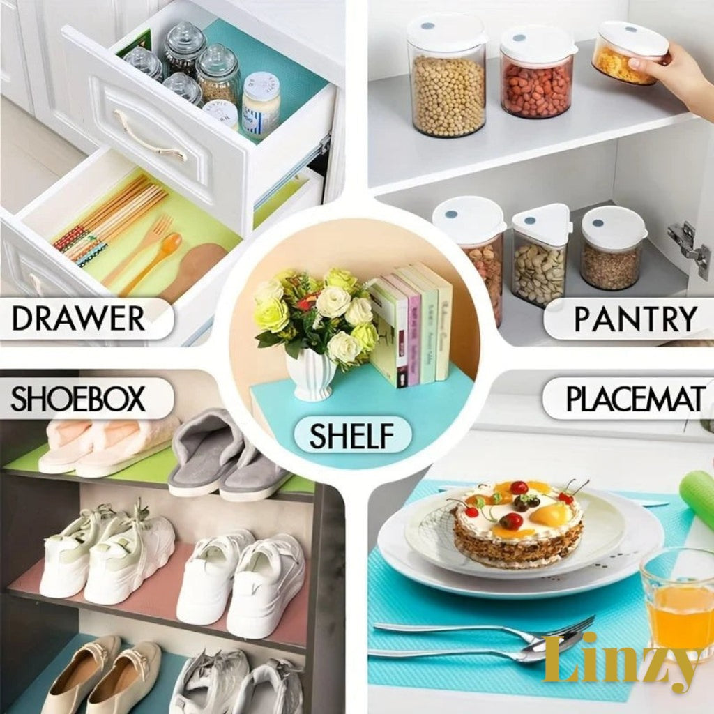Gr8est 4-piece waterproof EVA liner mats for kitchen drawers, pantry shelves, shoeboxes, and placemats.