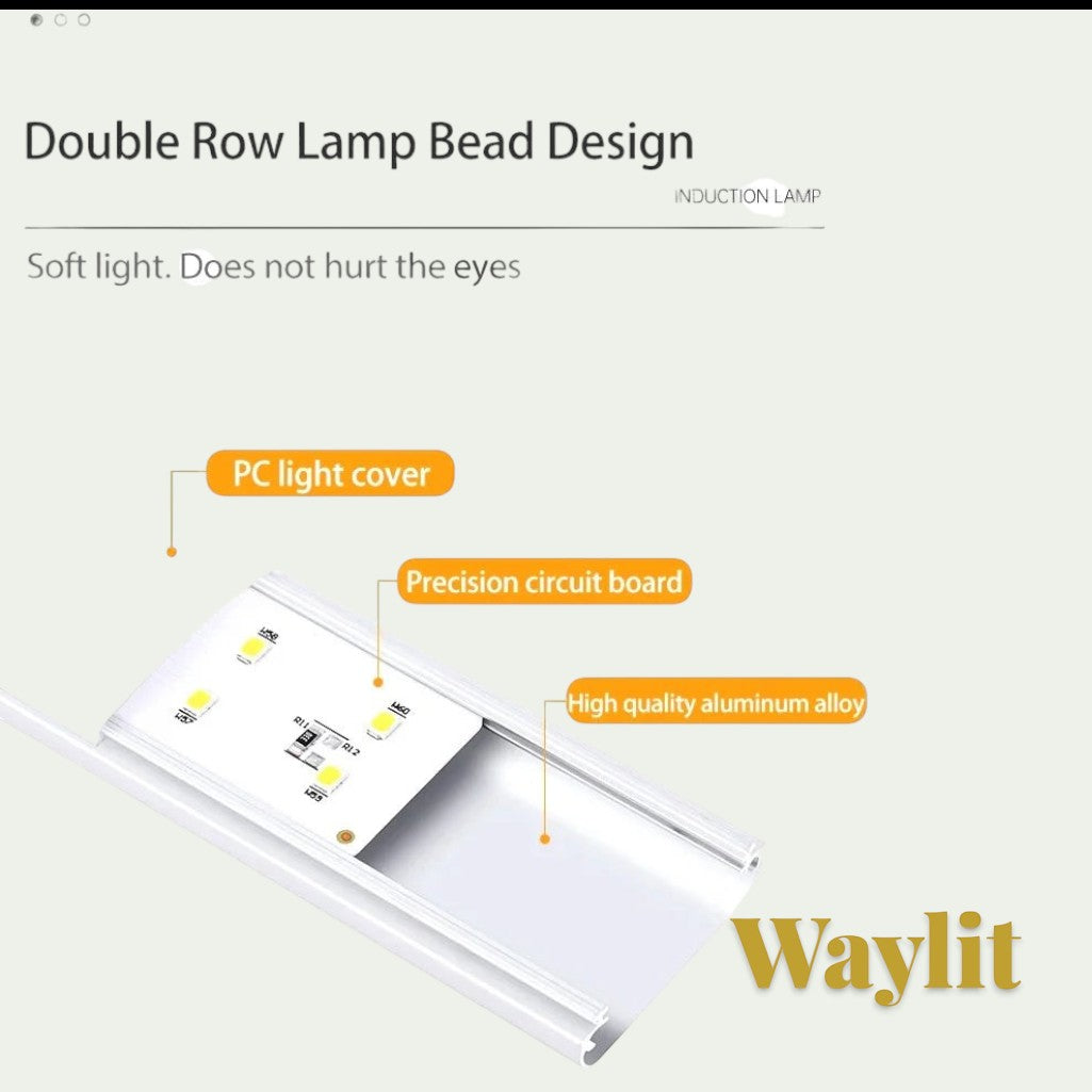 Gr8est Waylit motion sensor LED bar light showing internal aluminum alloy frame, PC light cover, and circuit board.