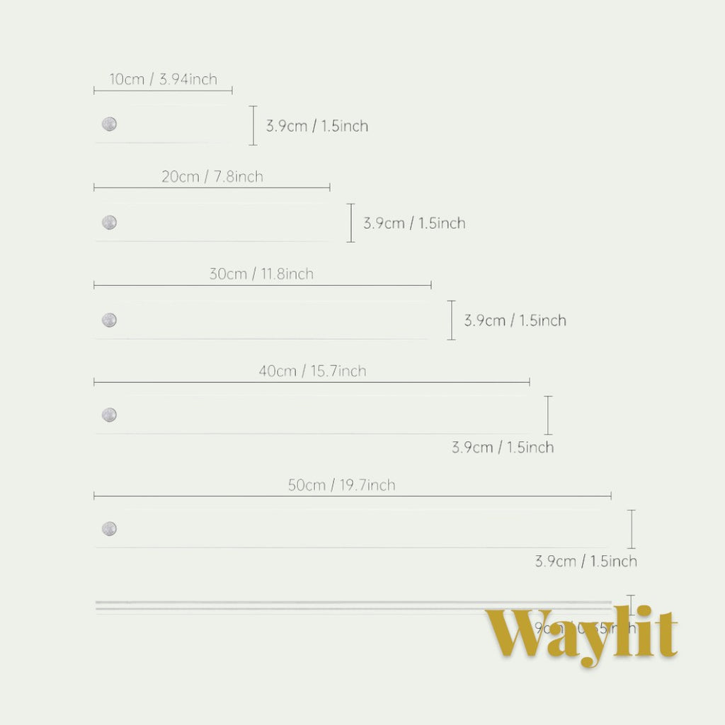 Gr8est Waylit motion sensor LED bar light size chart showing 10cm, 20cm, 30cm, 40cm, and 50cm length options.