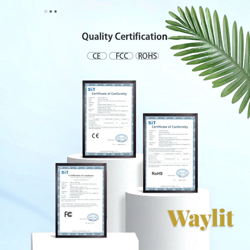 Gr8est Waylit motion sensor LED bar light quality certification documents displayed in frames on white pedestals