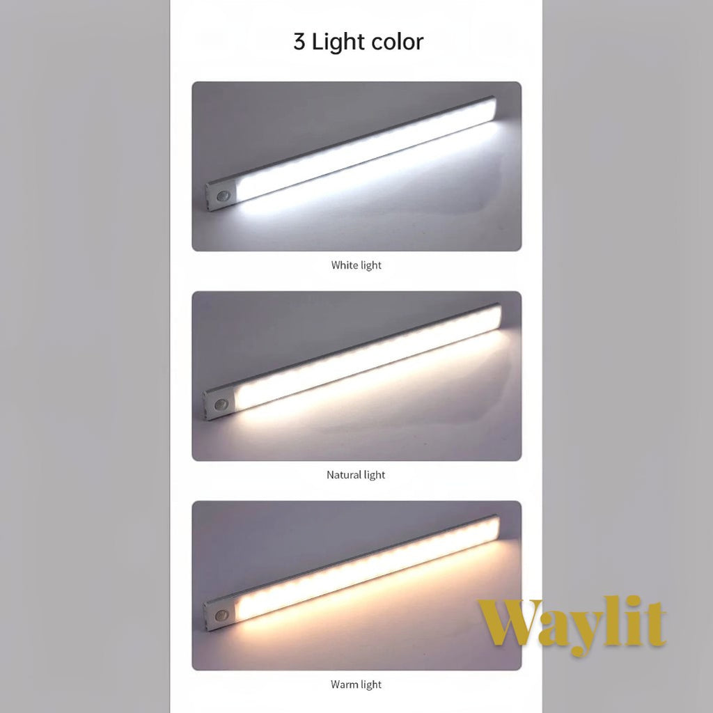 Gr8est Waylit motion sensor LED bar light showing three adjustable color temperatures: white, natural, and warm light.
