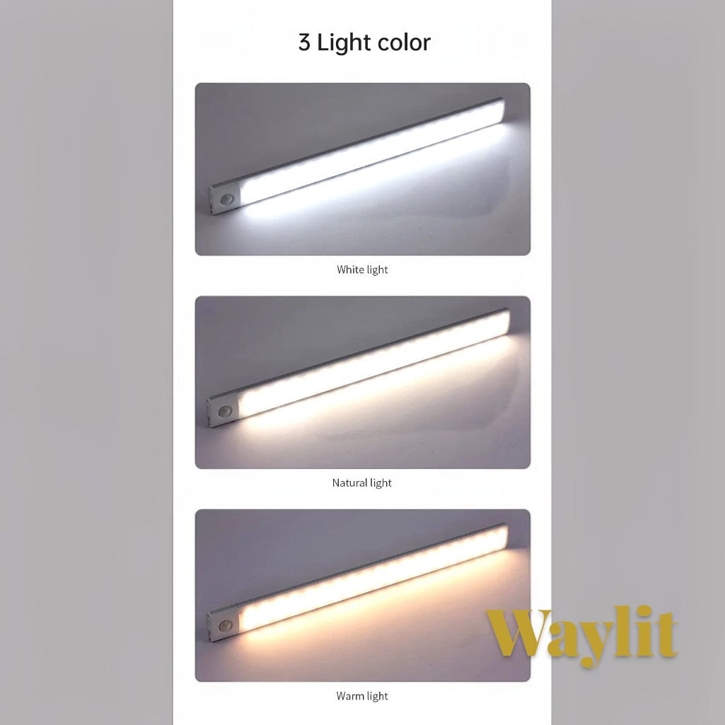 Gr8est Waylit motion sensor LED bar light showing three adjustable color temperatures: white, natural, and warm light.
