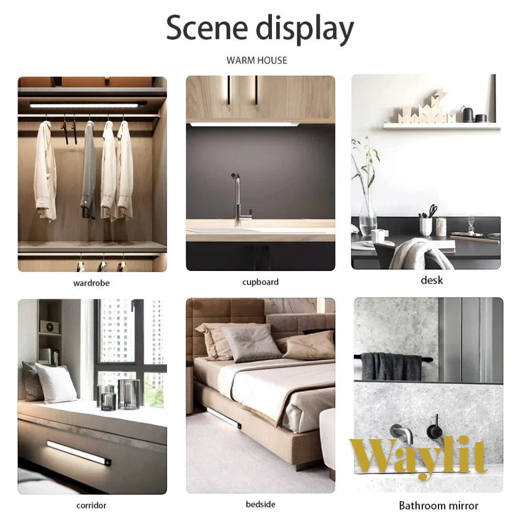 Gr8est Waylit motion sensor LED bar lights installed in a wardrobe, kitchen cupboard, desk, corridor, and bedroom.