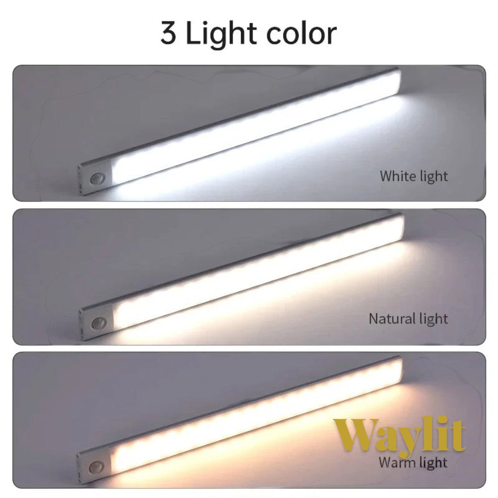 Gr8est Waylit motion sensor LED bar light showing white, natural, and warm light color modes for under-cabinet lighting.