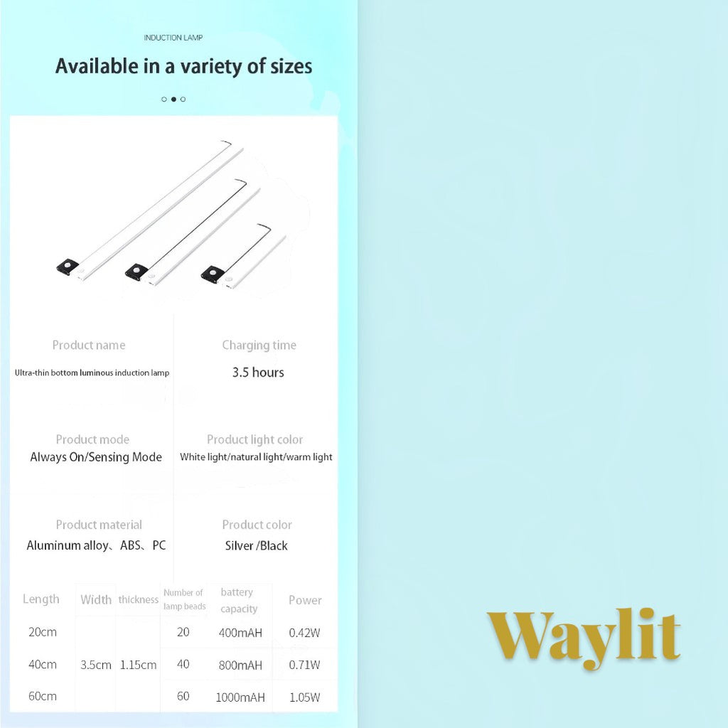 Gr8est Waylit motion sensor LED bar light in silver and black, showing size options and technical specifications.