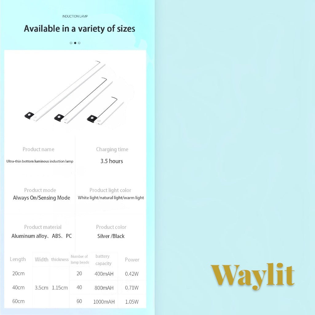 Gr8est Waylit motion sensor LED bar light in silver and black, showing size options and technical specifications.