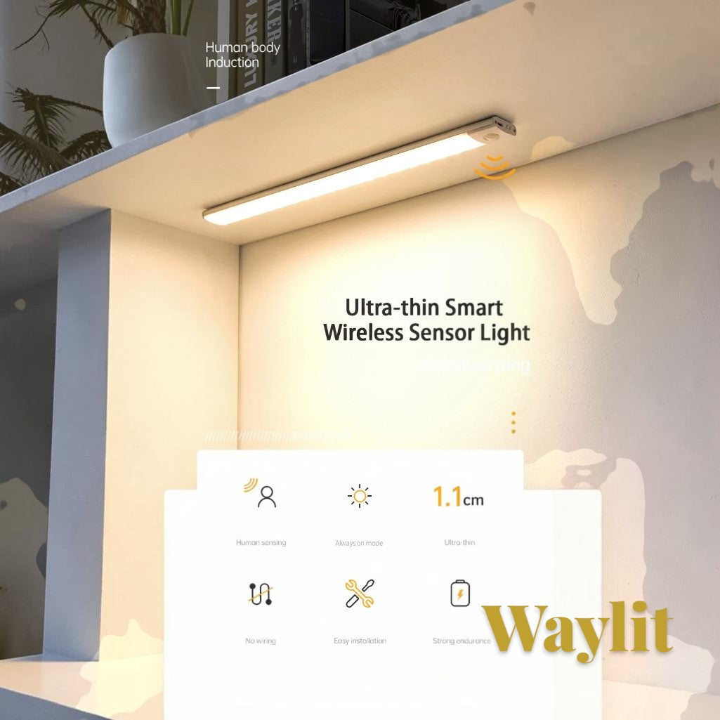 Gr8est Waylit ultra-thin motion sensor LED bar light mounted under a cabinet providing warm illumination