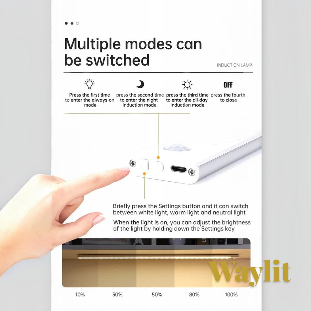 Gr8est Waylit motion sensor LED bar light showing mode switching instructions and brightness levels for home lighting.