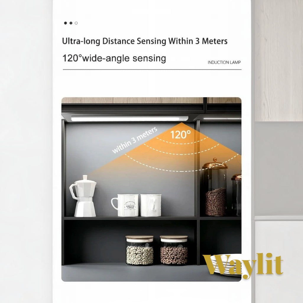 Gr8est Waylit motion sensor LED bar light mounted under a kitchen cabinet with a 120-degree wide-angle sensing range.