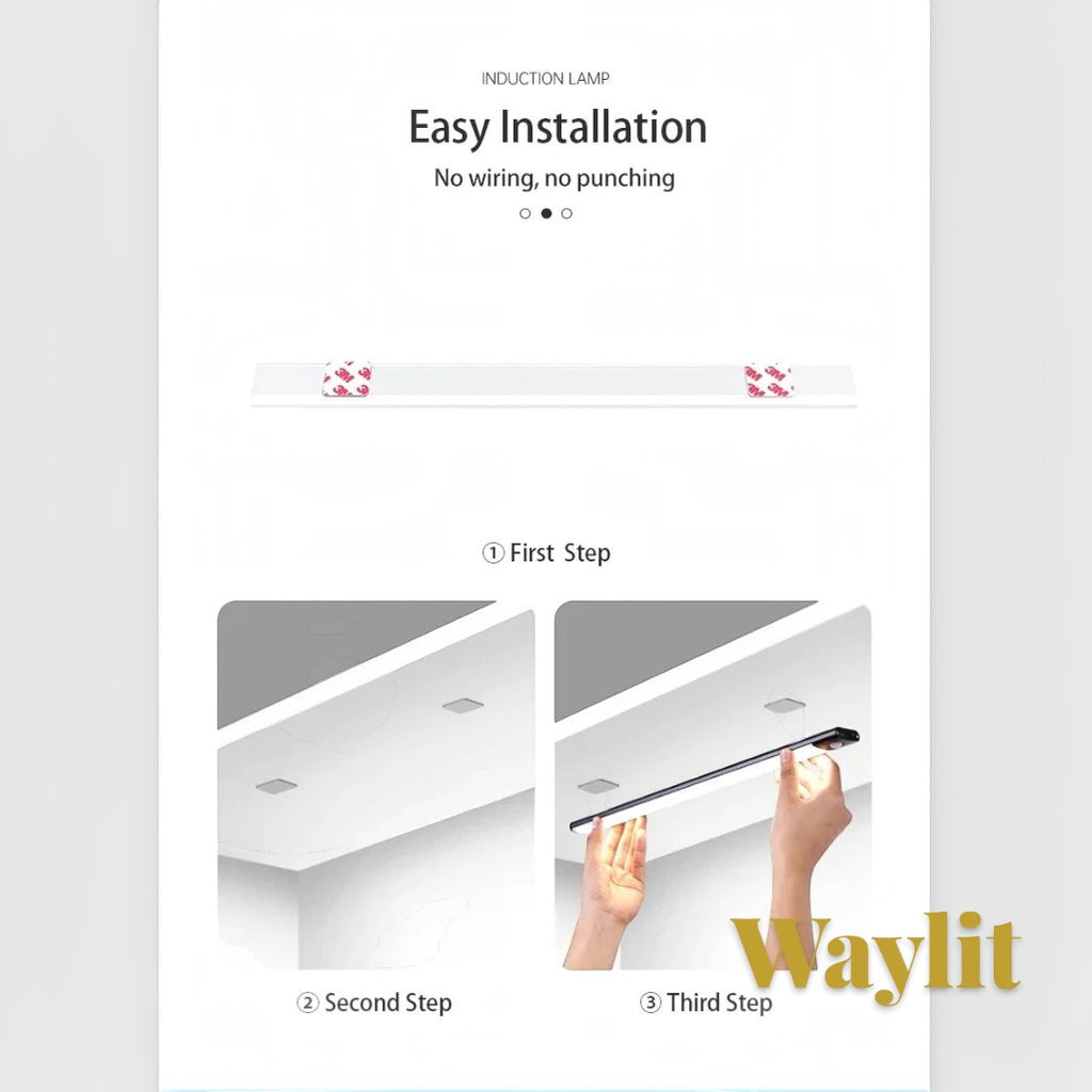 Gr8est Waylit motion sensor LED bar light showing easy adhesive installation under a cabinet without wiring