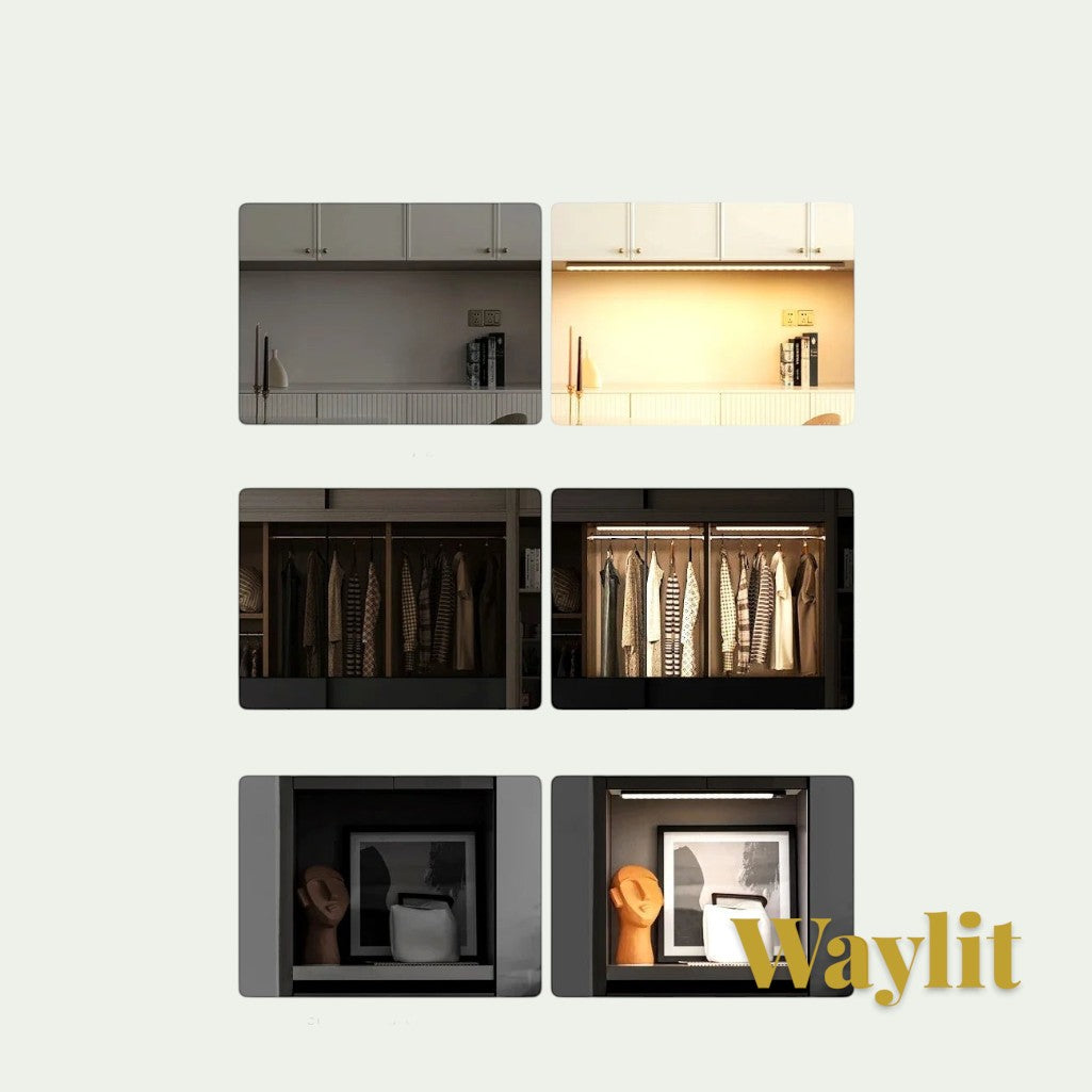 Gr8est Waylit motion sensor LED bar light showing before and after lighting effects in kitchen cabinets and wardrobes.